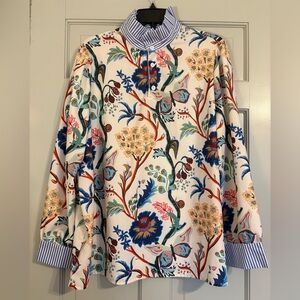 Women’s XL Floral Botanical Print Blouse Striped Collar Cottagecore Boho Top